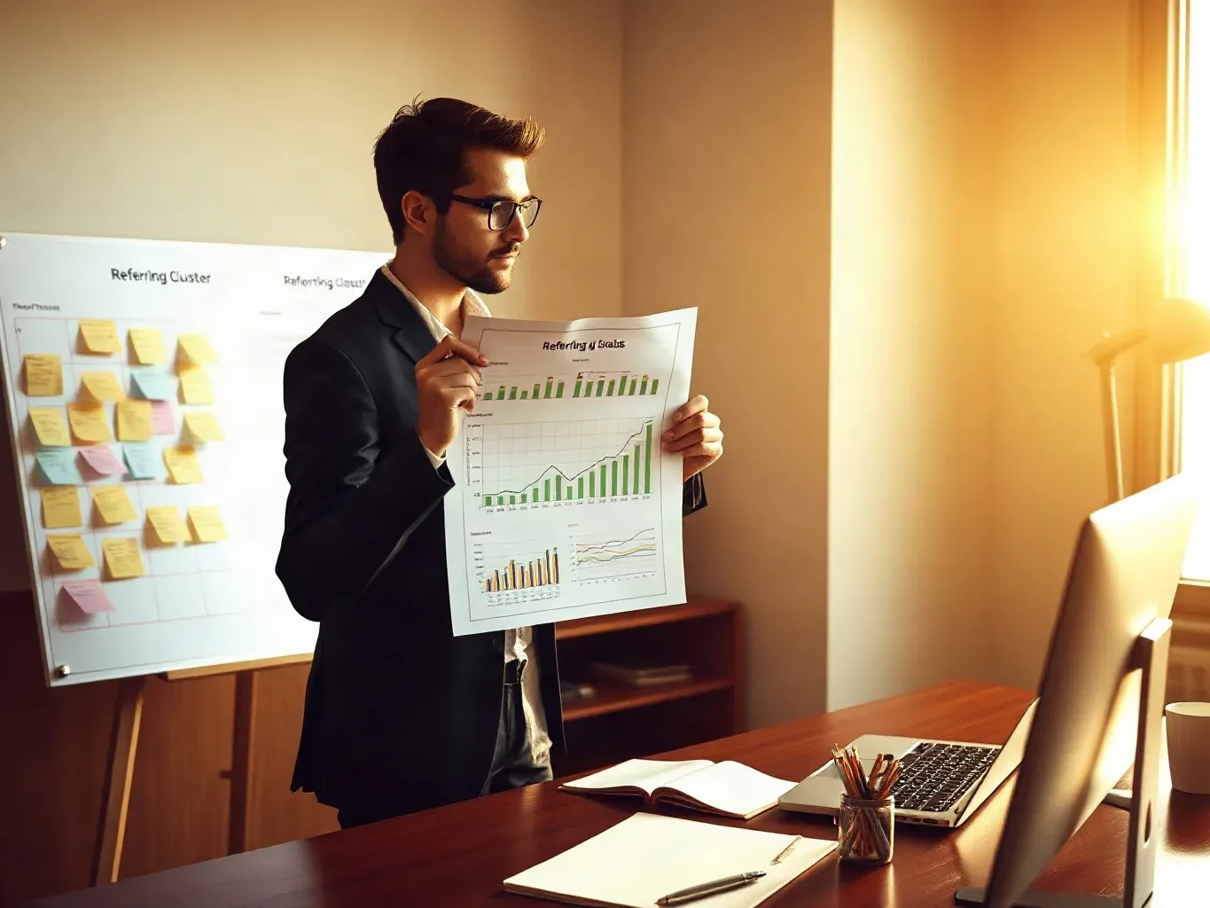 A marketing professional in business attire standing at the desk and holding a printed analytics report upright while tapping a pen against a referring-domain entry, the sticky-note keyword cluster grid arranged on the planning board to their left