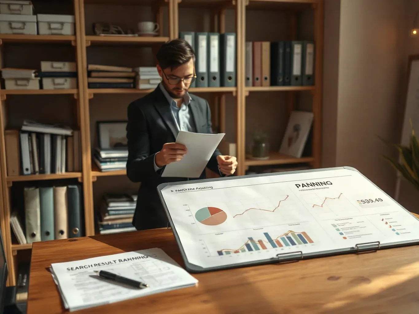 A person in a suit reviews documents while standing behind a desk displaying printed charts and graphs in a well-organised office with shelved binders