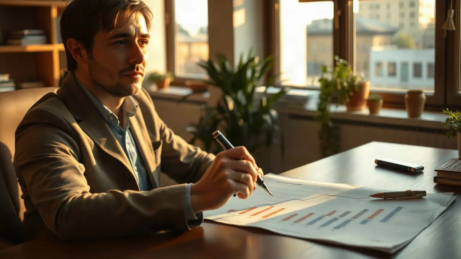 A person in a blazer sits at a wooden desk holding a pen over printed bar charts, in a warmly lit office with large windows and potted plants