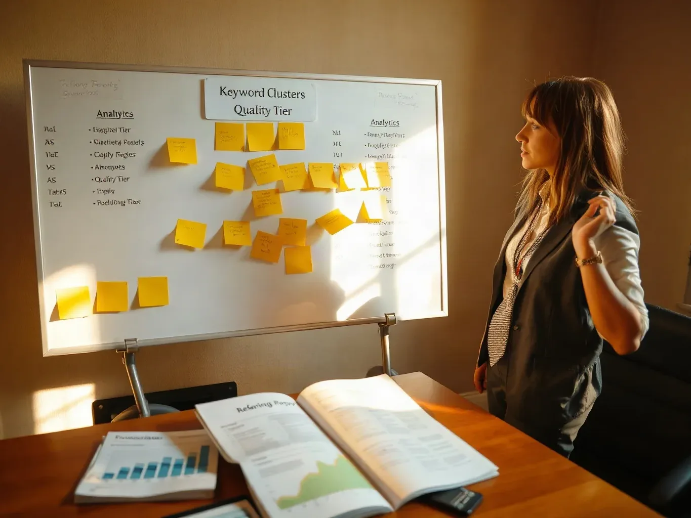 A marketing professional in business attire standing at the planning board and grouping sticky-note keyword clusters under a heading labelled with a quality tier, a printed analytics report open to a referring-domain page on the desk below