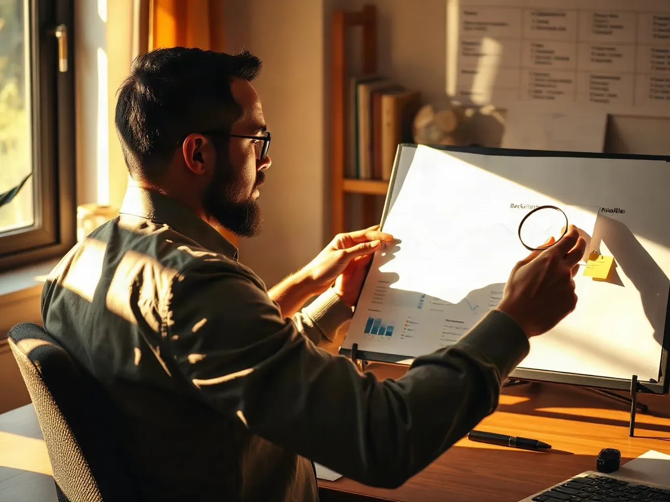 A bearded person wearing glasses holds a printed report containing charts up to the light at a desk, using a magnifying glass to examine it closely