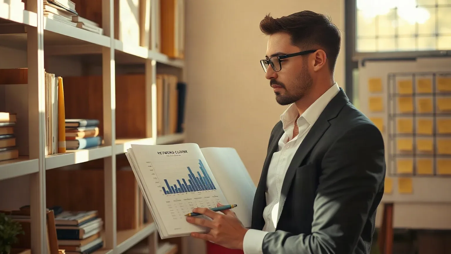 A marketing professional in business attire standing at the organised shelving with a printed analytics report open and a pen marking a cost-range figure on the page, the sticky-note keyword cluster grid on the planning board visible across the room
