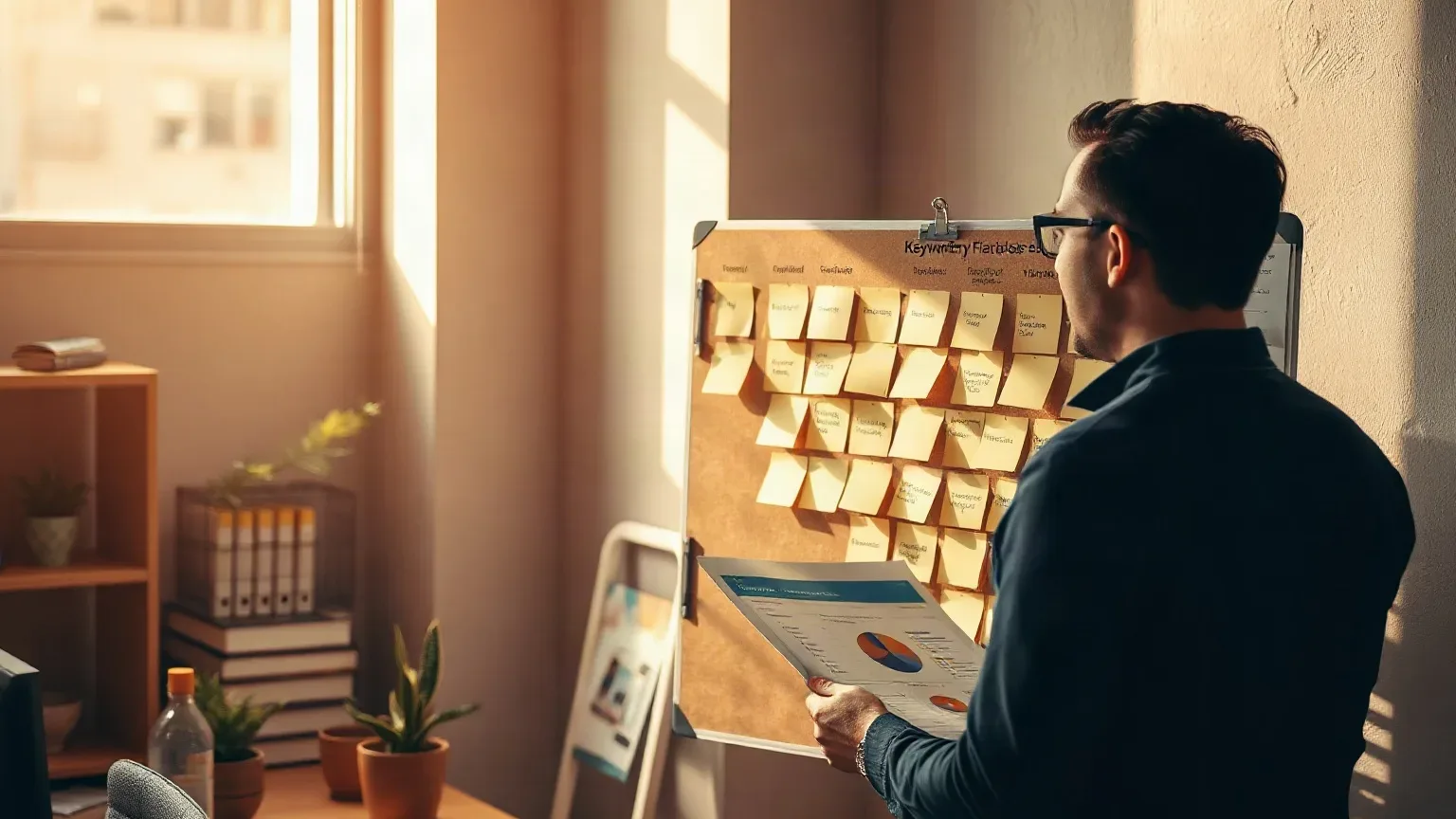 A person wearing glasses holds a printed report with charts while studying a cork board covered in sticky notes in a sunlit office