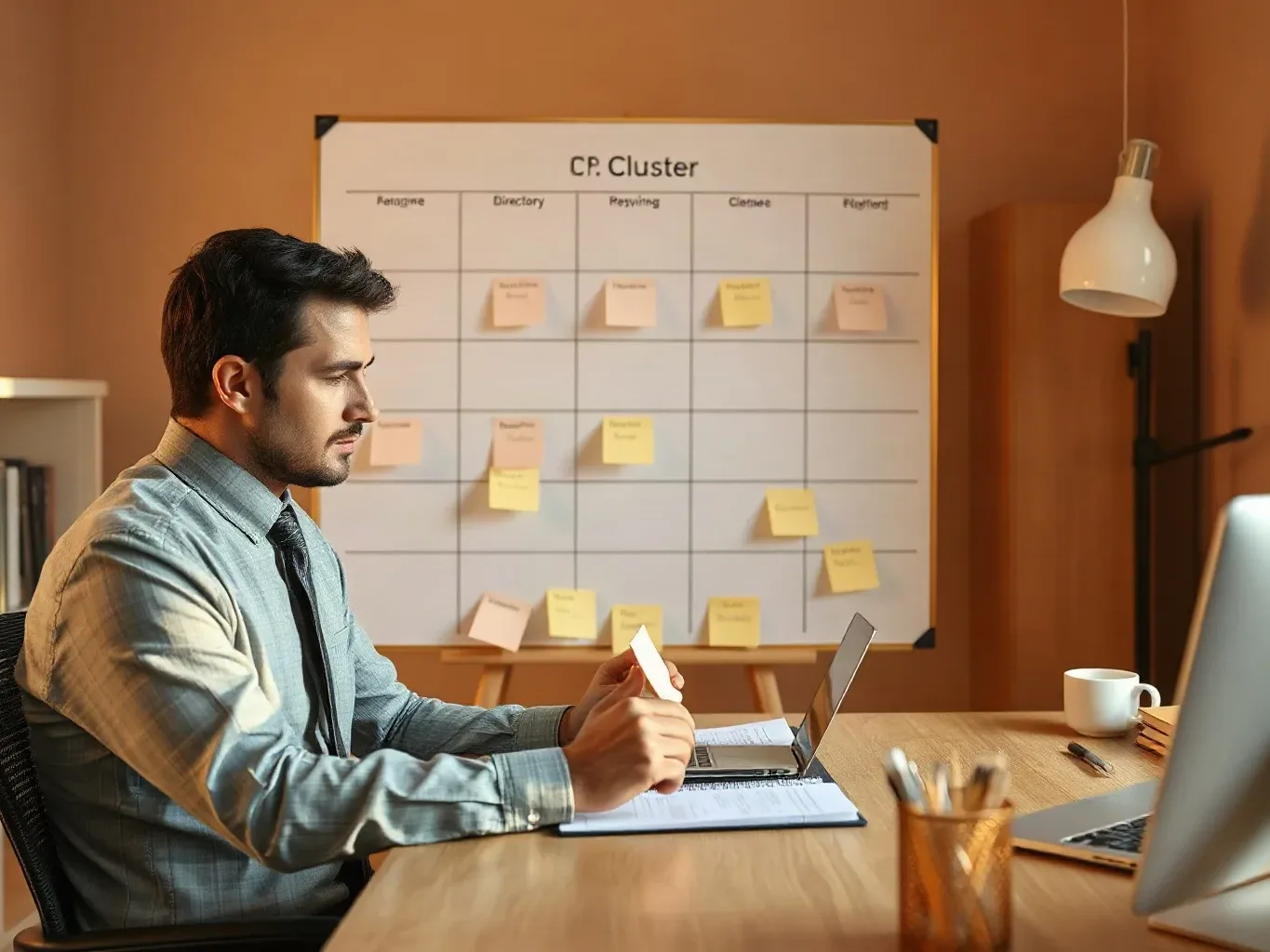 A person in business attire sits at a wooden desk holding a small card, with a sticky-note planning board visible behind them