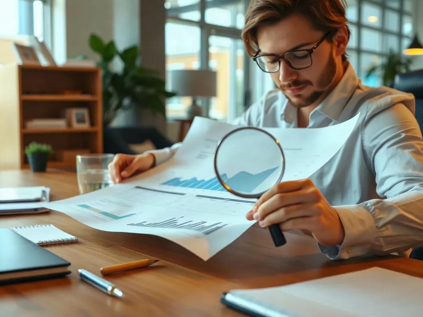 A person wearing glasses examines a printed report covered in bar and line charts through a magnifying glass while seated at a wooden desk