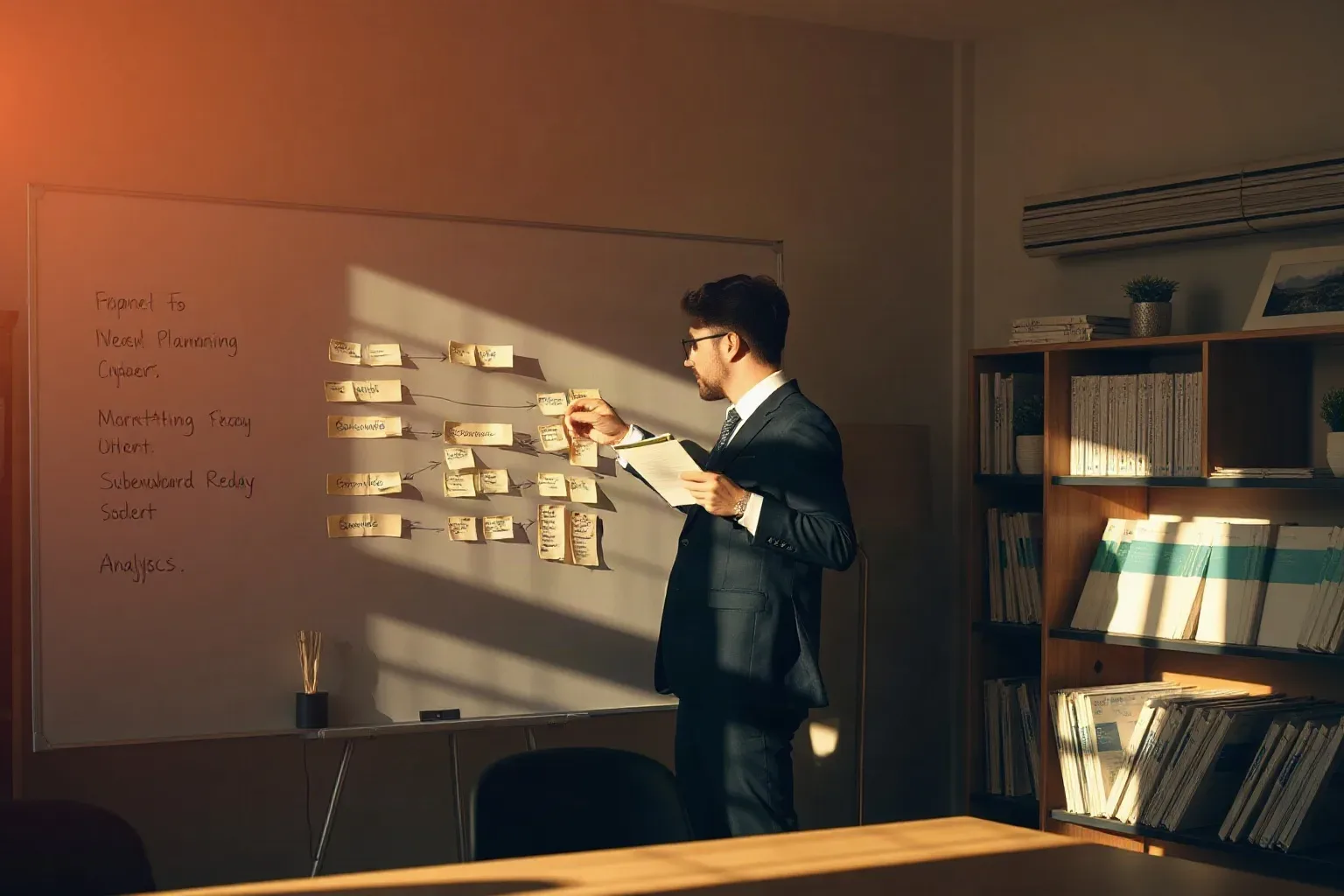 A person in a dark suit arranges sticky notes into a flowchart on a wall beside a whiteboard covered in handwritten notes, holding papers in a warmly lit office with shelving behind them