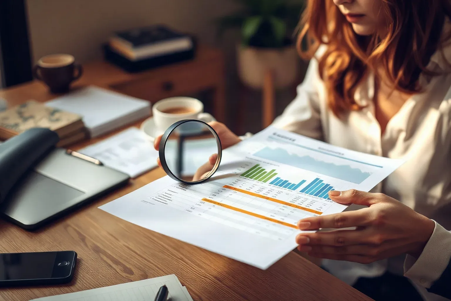 A person holds a magnifying glass over a printed financial report featuring bar charts and data tables, seated at a wooden desk with notebooks, a phone and coffee cups nearby