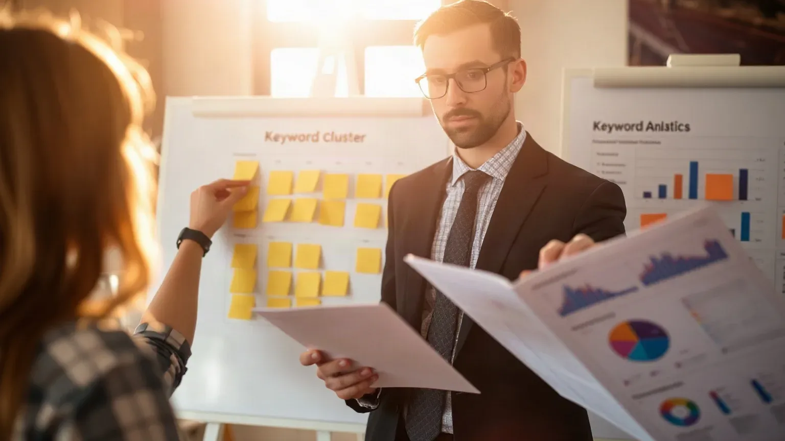 A marketing professional in business attire pulling specific sticky notes from the keyword cluster grid on the planning board and re-examining them against a printed analytics report held in the other hand