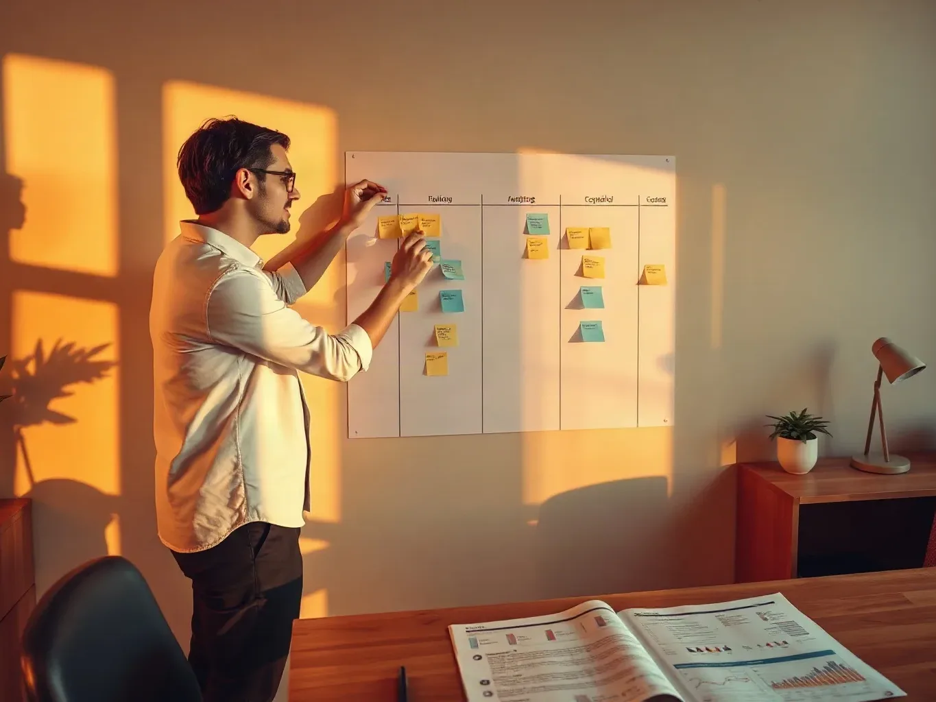 A marketing professional standing at the wall-mounted planning board and separating sticky-note keyword clusters into distinct competitive columns while a printed analytics report lies open on the desk below