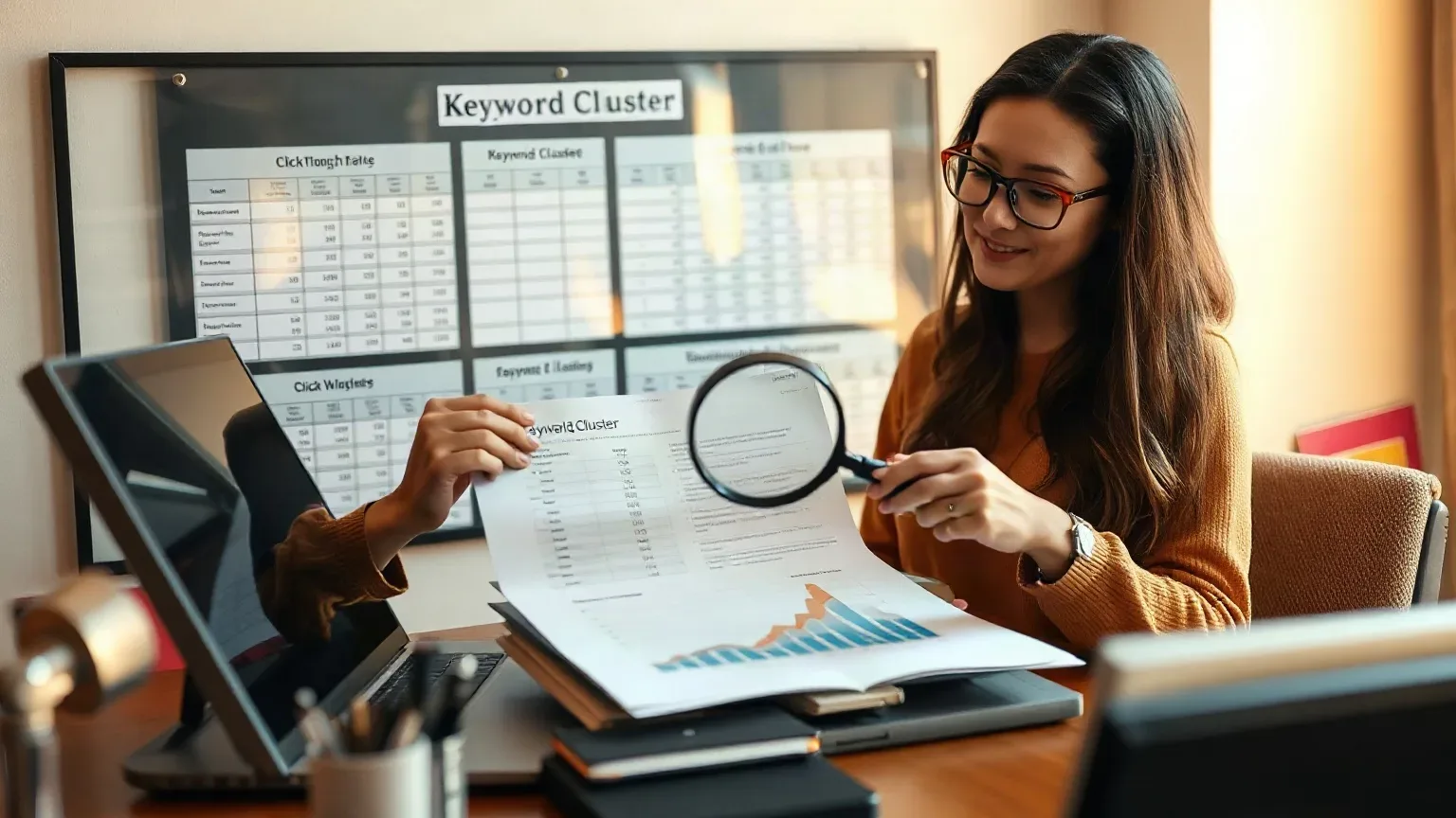 A person wearing glasses holds a magnifying glass over a printed report with charts while seated at a desk, with a large data table pinned to the wall behind them
