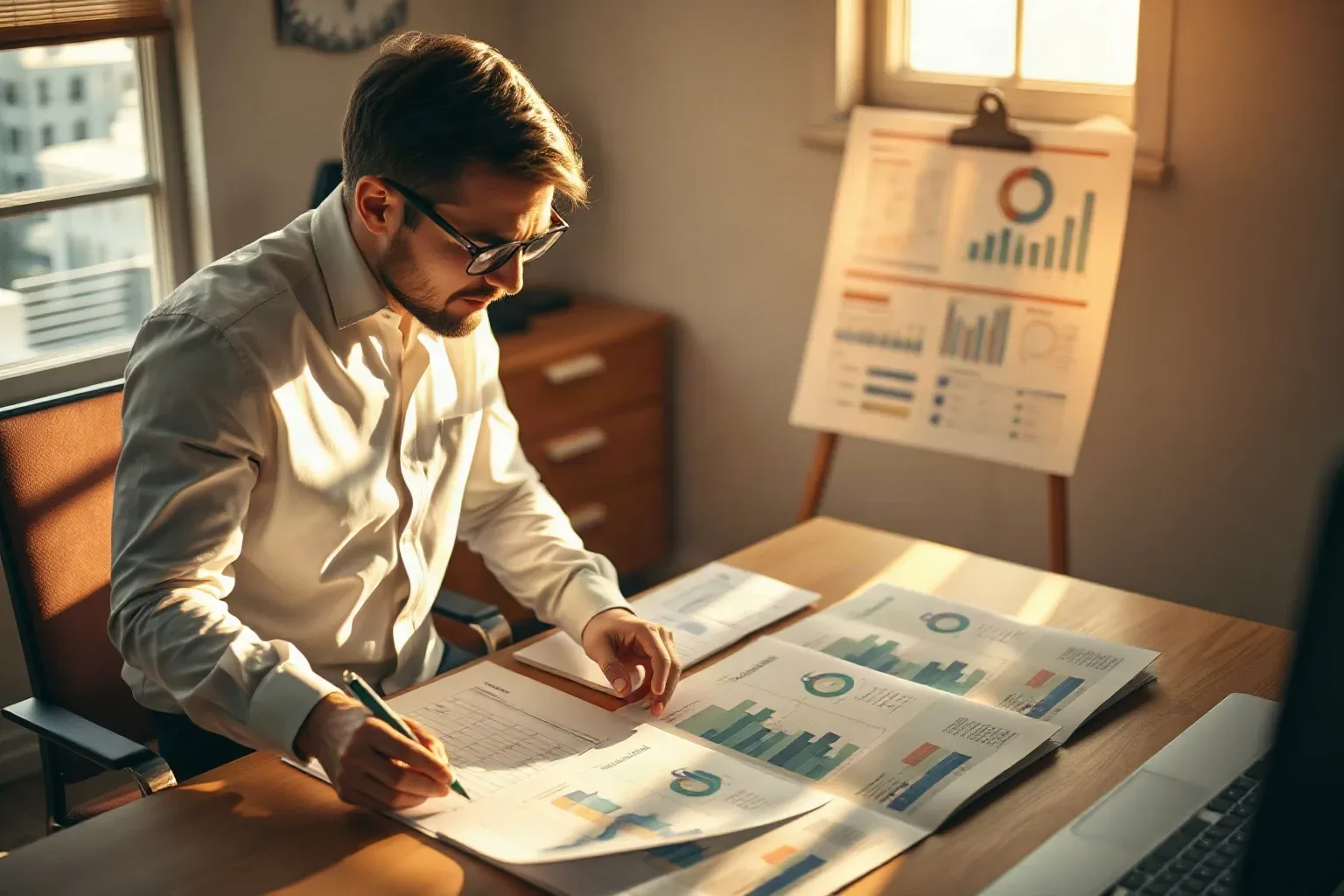 A person wearing glasses and a white shirt sits at a wooden desk reviewing printed sheets covered in bar charts and graphs, with a clipboard displaying similar charts visible in the background
