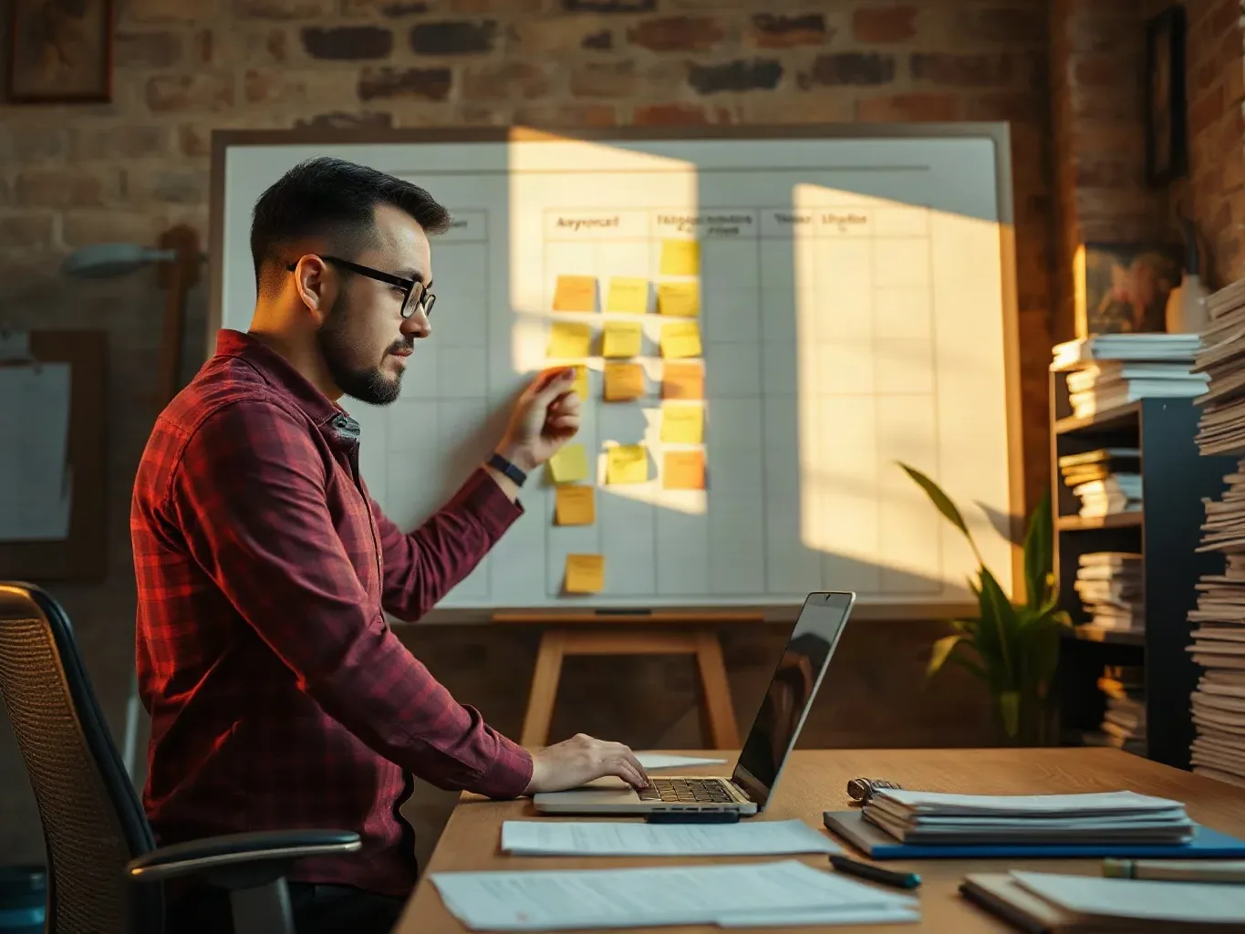 A person in a checked shirt and glasses places a sticky note on a whiteboard covered in coloured sticky notes, whilst resting a hand on an open laptop at a cluttered desk