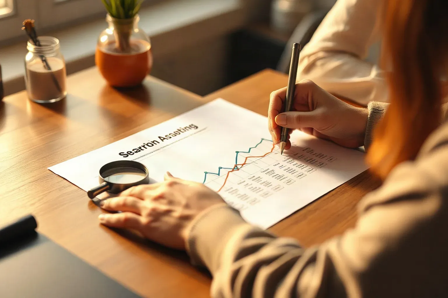 A person annotates a printed line graph with a pen whilst holding a magnifying glass over the document on a wooden desk
