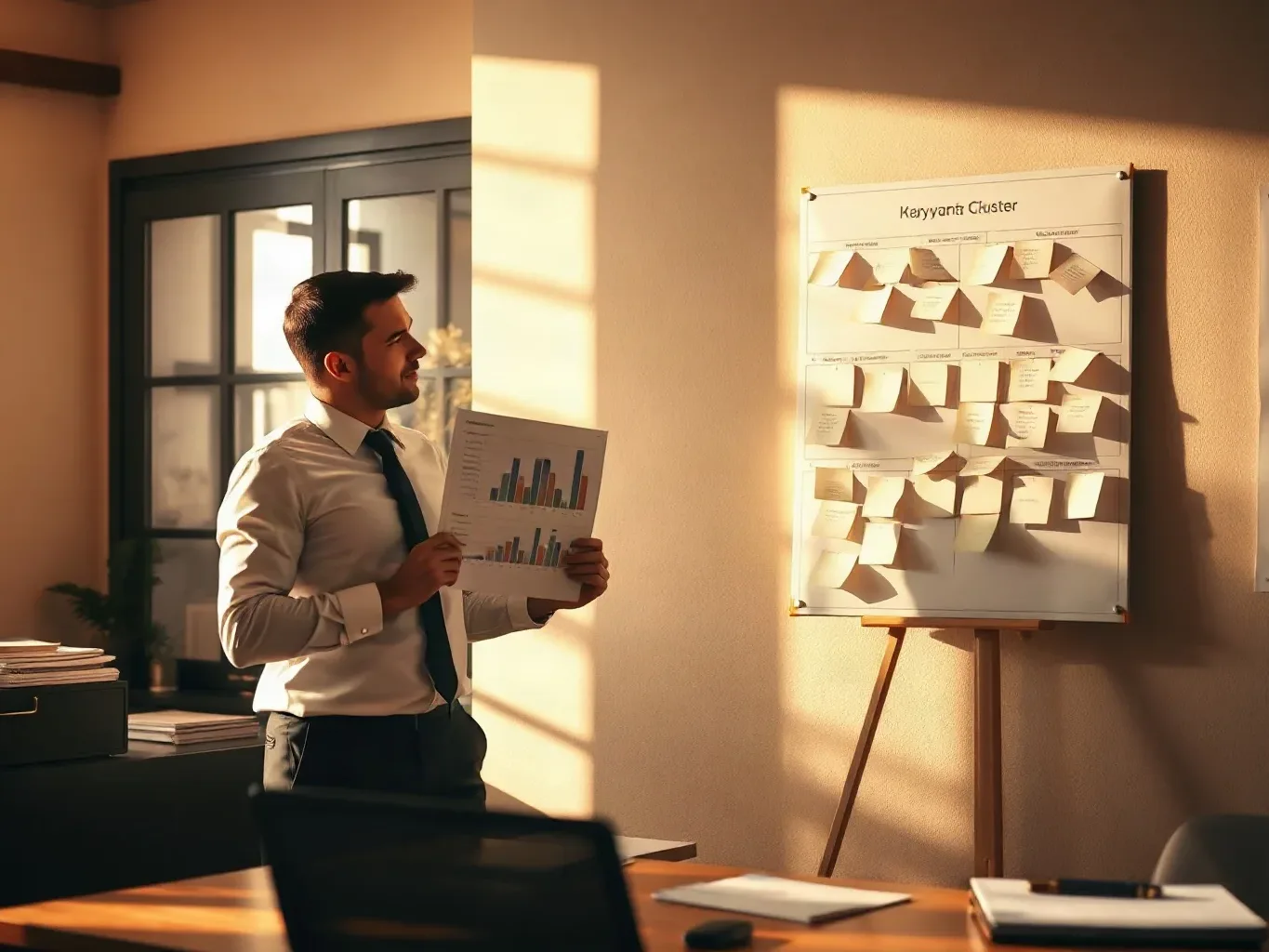 A marketing professional in business attire standing at the desk and holding a printed analytics report upright against the wall beside the planning board, comparing a specific chart against the sticky-note keyword cluster arrangement