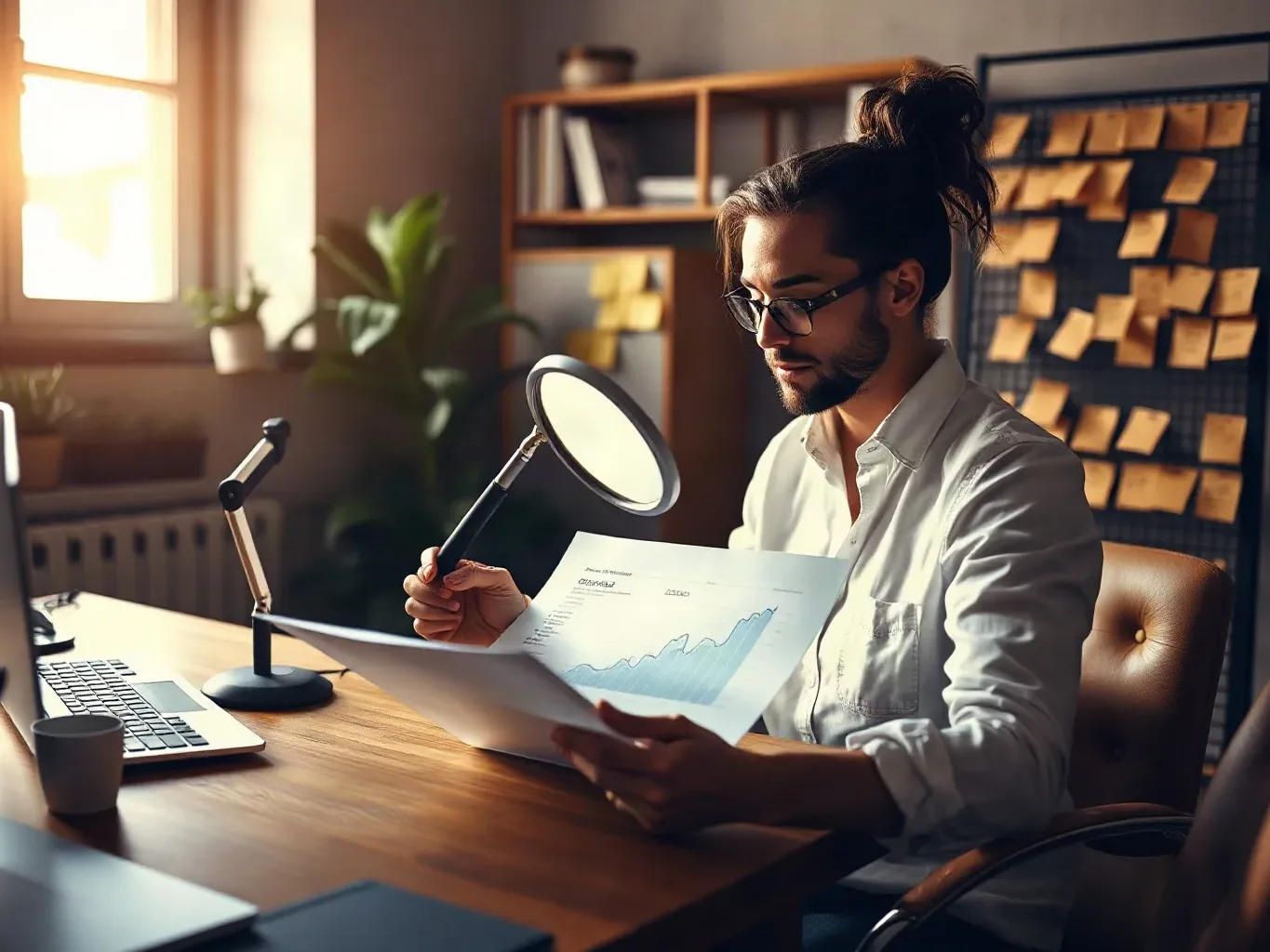 A marketing professional seated at the agency desk pressing a magnifying glass firmly onto a local-pack section of a printed analytics report, the keyword cluster planning board filled with district-labelled sticky notes visible behind them