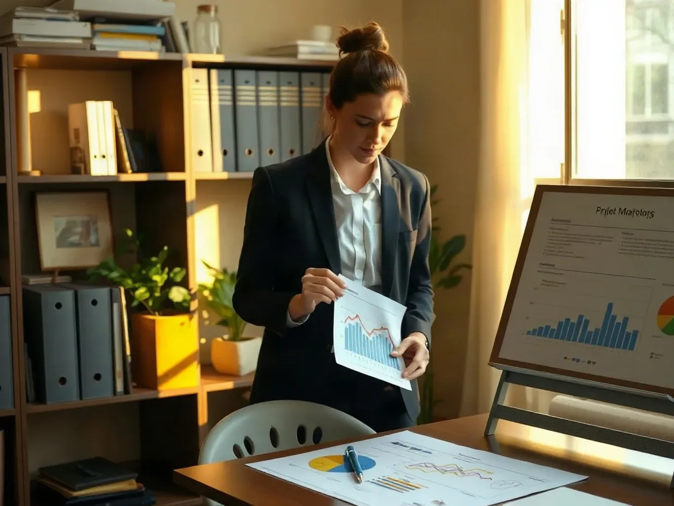 A marketing professional in business attire standing at the organised shelving and pulling a printed analytics report from a folder, a search-result ranking diagram drawn on paper already spread flat on the desk below the planning board