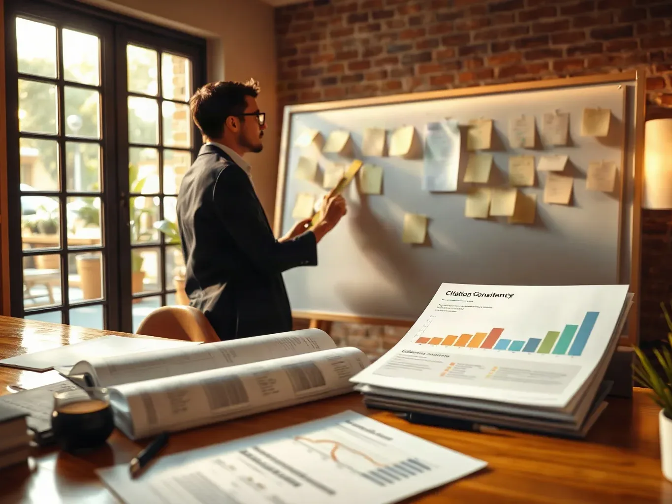 A person in a suit places sticky notes on a large board covered in notes, beside a desk with printed charts and reports