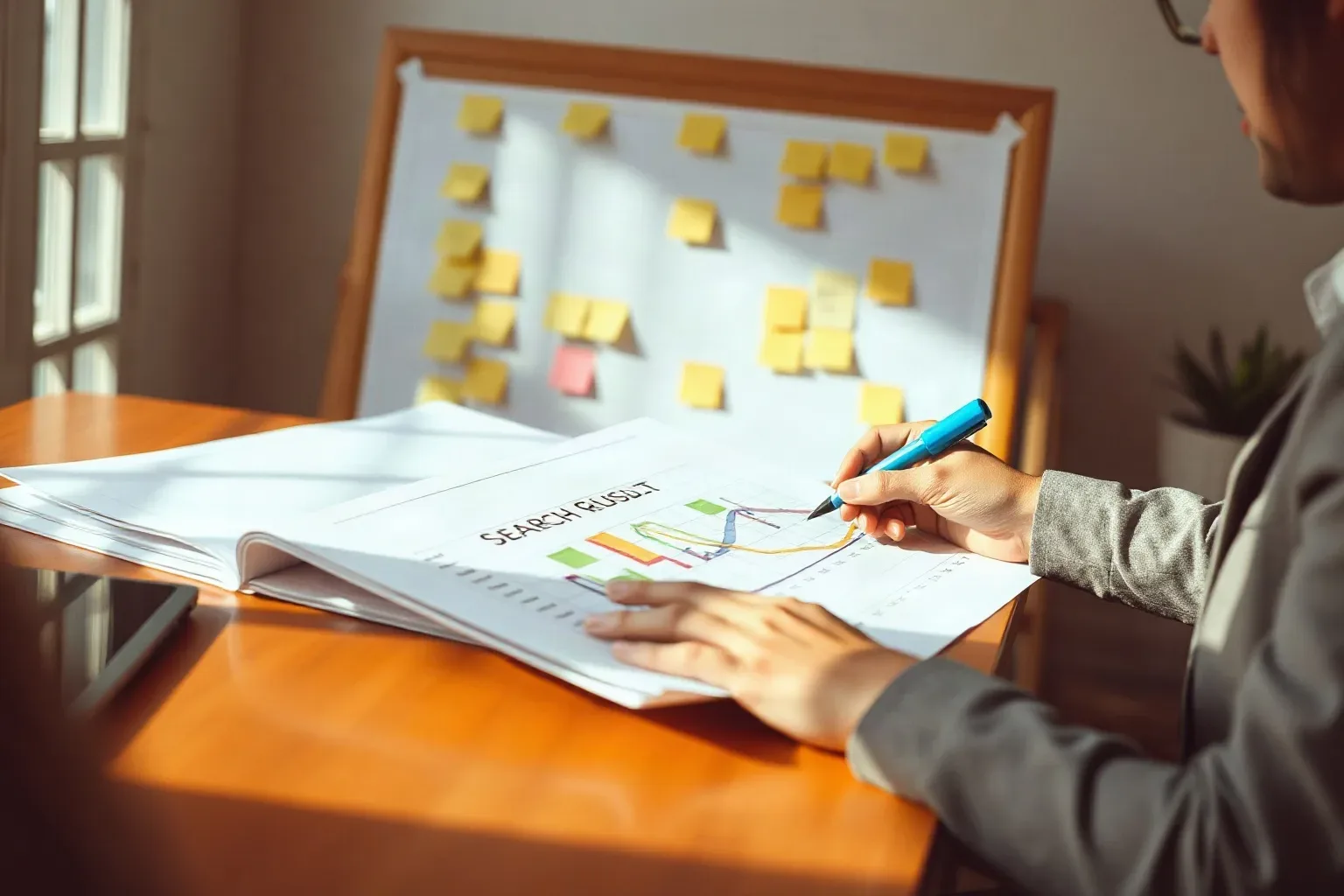 A marketing professional in business attire annotating a search-result ranking diagram on paper with coloured markers at the agency desk, the sticky-note keyword cluster grid visible on the planning board in the background
