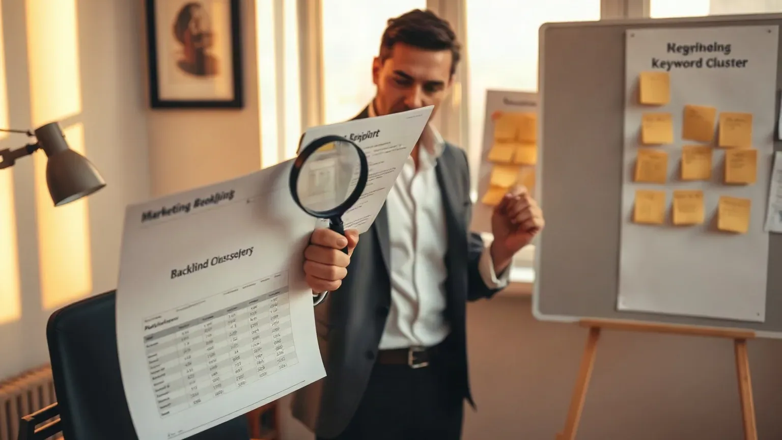 A person in a suit holds a magnifying glass over a printed document covered in data tables, standing near a corkboard covered in yellow sticky notes