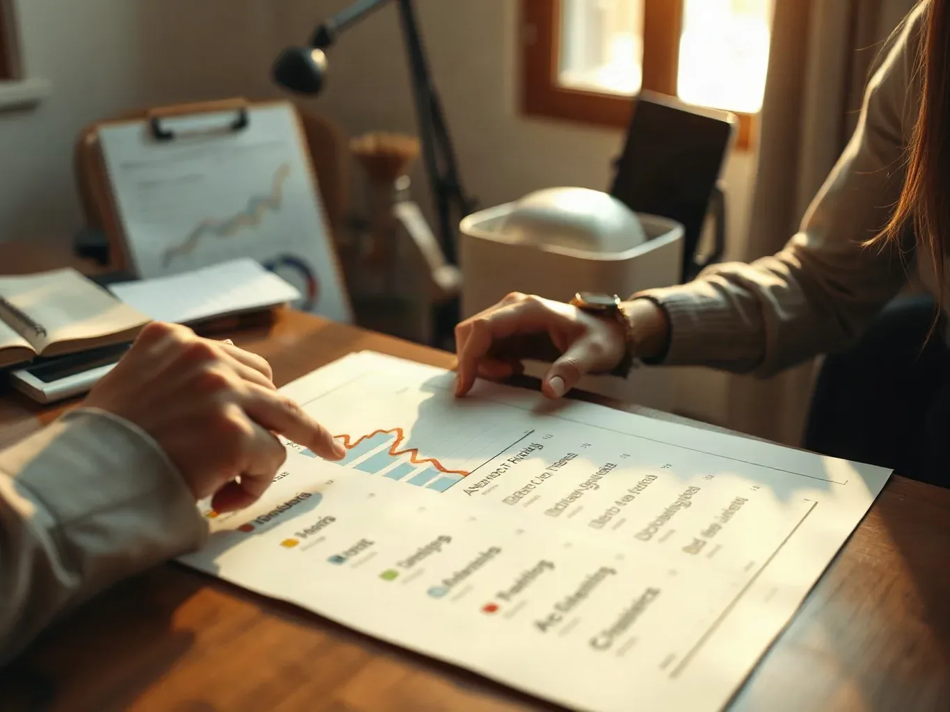 Two people point at a printed chart on a desk in a warmly lit room, with an open notebook and a clipboard visible nearby