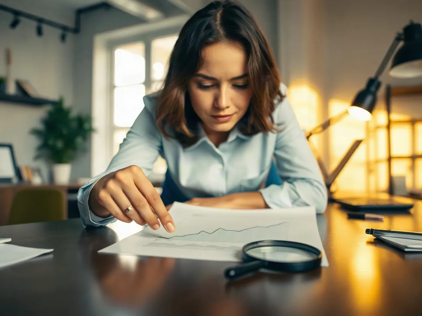 A marketing professional leaning over a desk in a marketing agency workspace and tracing a finger along a search-result ranking diagram drawn on paper, with a magnifying glass resting on the document beside them