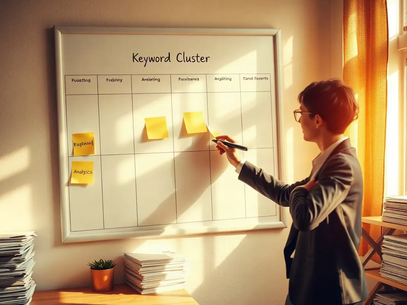 A person in a suit writes on a whiteboard covered in a grid with yellow sticky notes, surrounded by stacks of papers in a sunlit room