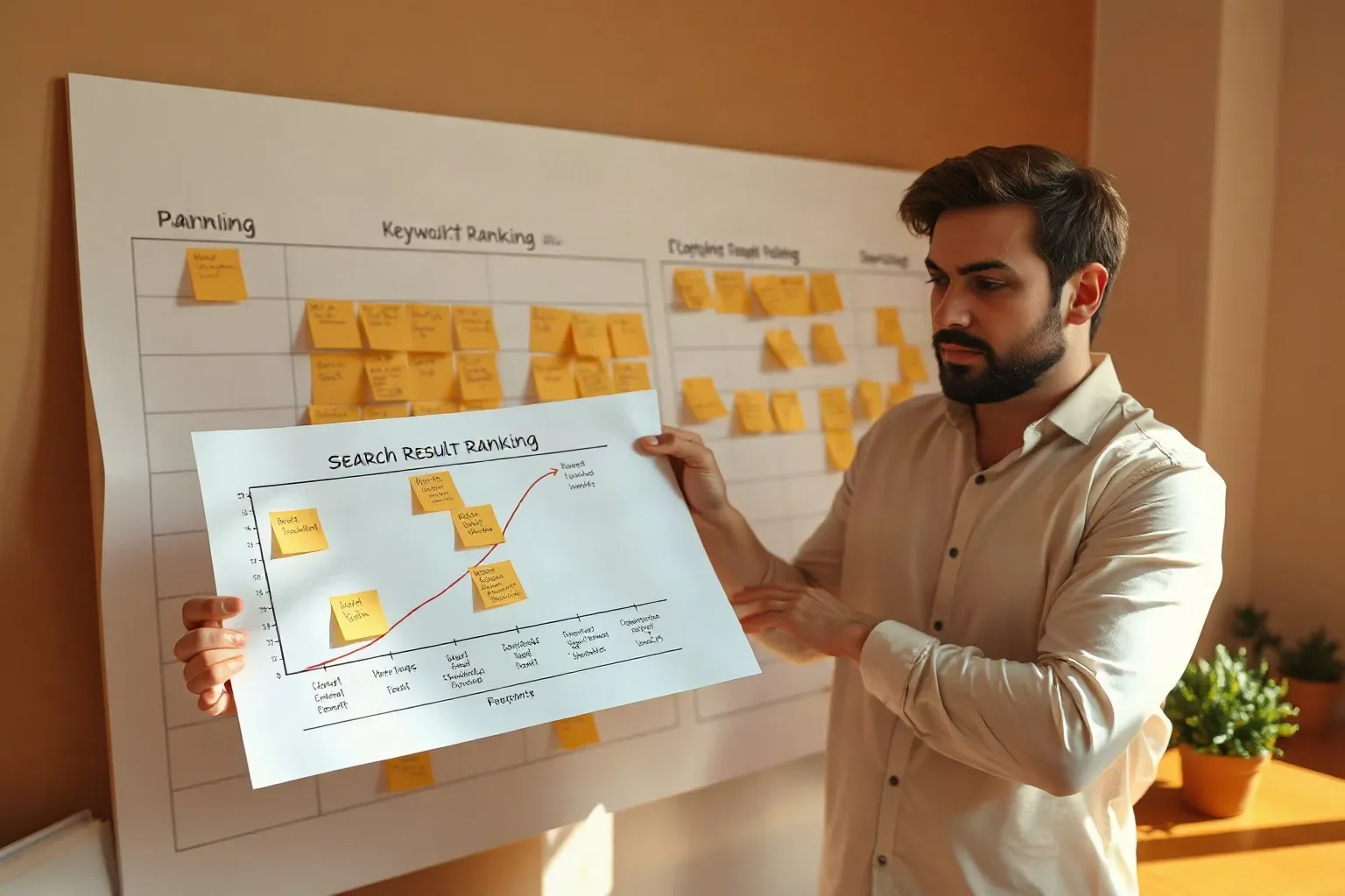 A person in a light shirt holds up a printed chart titled 'Search Result Ranking' in front of a planning board covered in yellow sticky notes