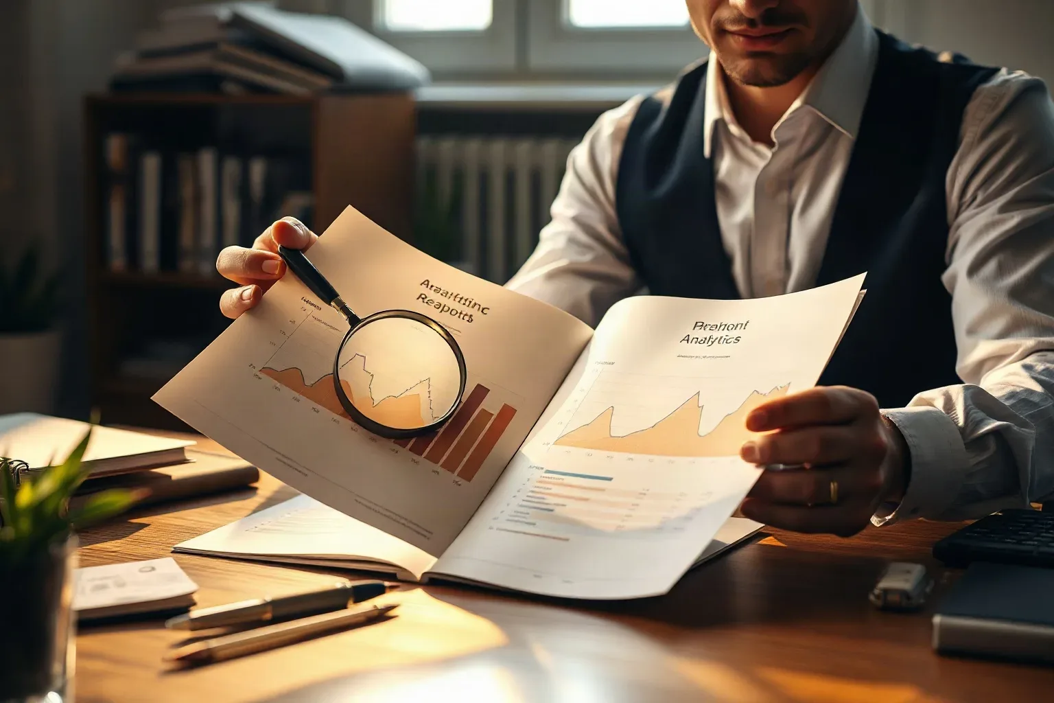 A marketing professional in business attire spreading two printed analytics reports side by side across a desk and placing a magnifying glass over the traffic graph on the left-hand page