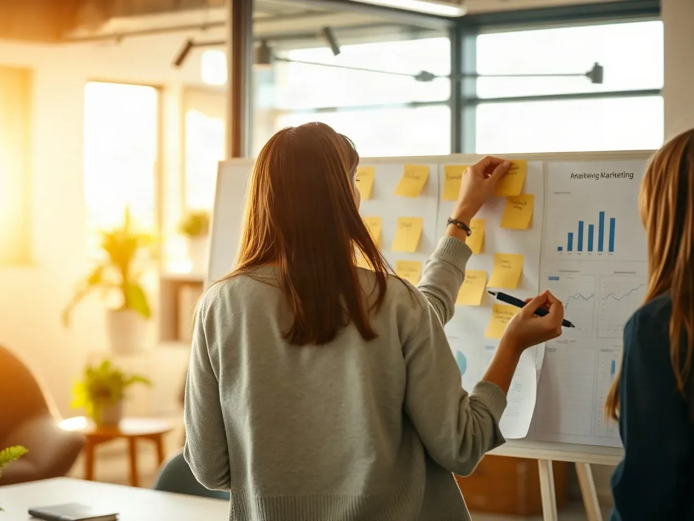 Two people stand at an easel board covered in yellow sticky notes and printed charts, working together in a sunlit office interior