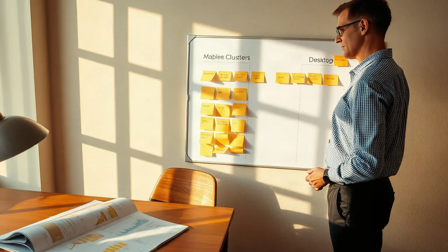 A marketing professional standing at the wall-mounted planning board separating sticky-note keyword clusters into two distinct rows labelled for mobile and desktop rankings, a printed analytics report open on the desk below showing the comparative data