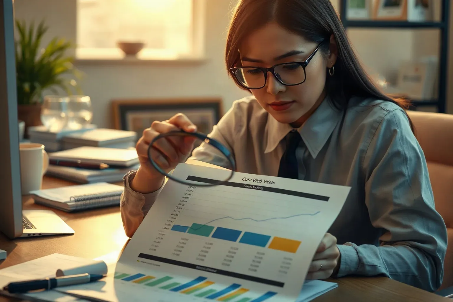 A person in glasses and a tie examines a printed report with charts using a magnifying glass whilst seated at a desk
