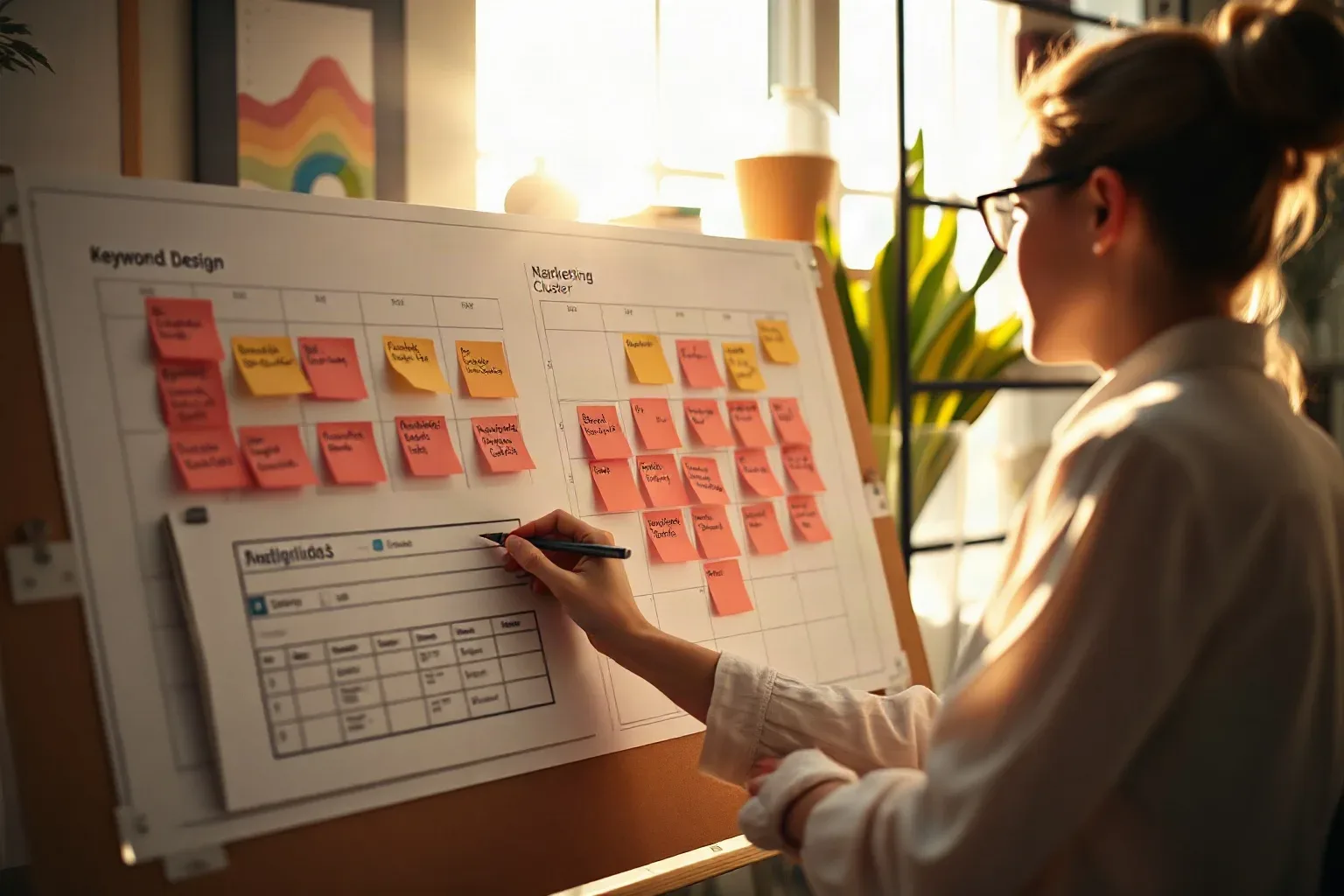 A marketing professional at the planning board writing responsive-design notes onto sticky notes and placing them into the keyword cluster grid while a printed analytics report showing page-render issues is clipped to the board edge