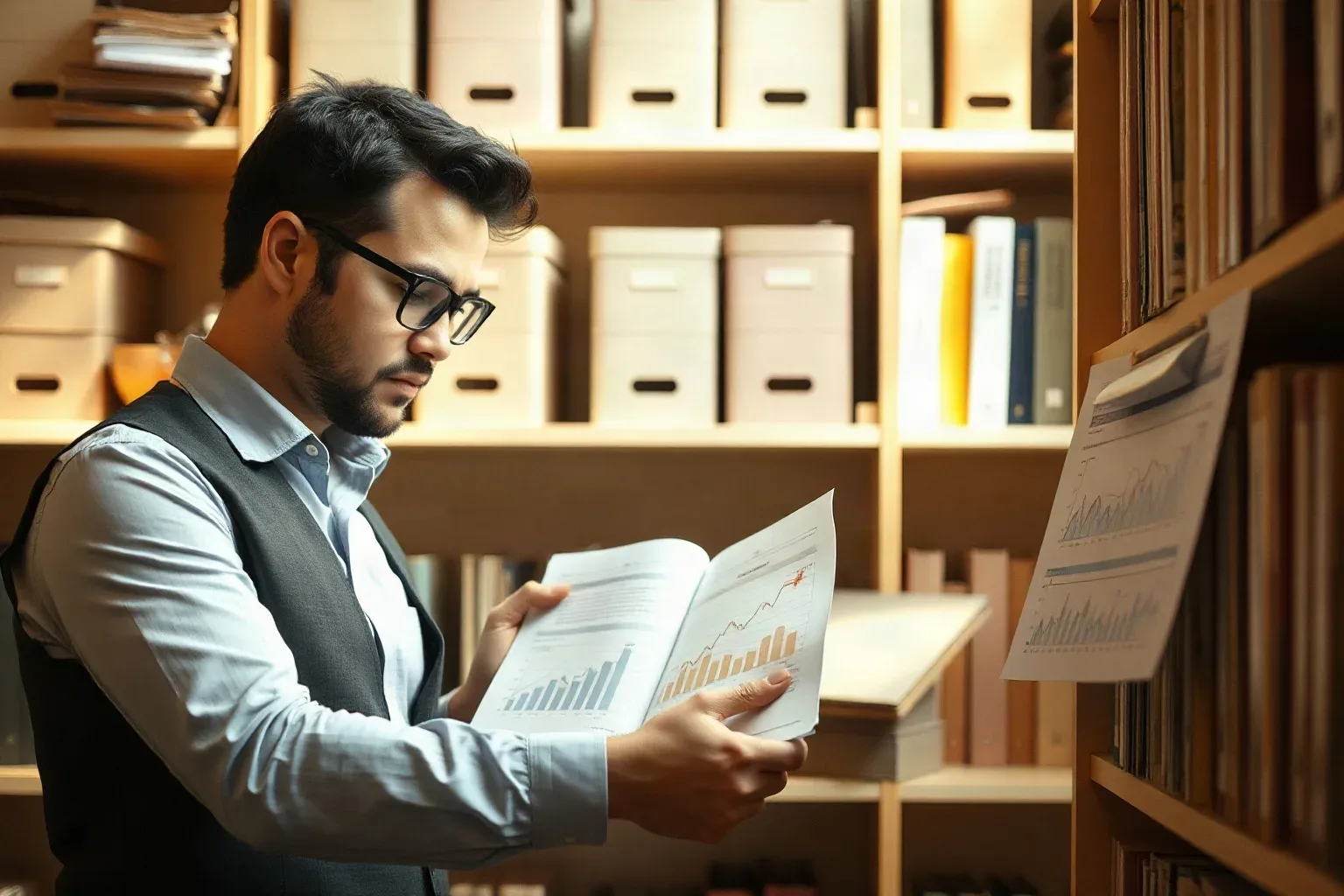 A marketing professional in business attire at the organised shelving flipping through a printed analytics report and pausing to mark a sector-specific section with a tab, a search-result ranking diagram drawn on paper resting against the shelf behind them
