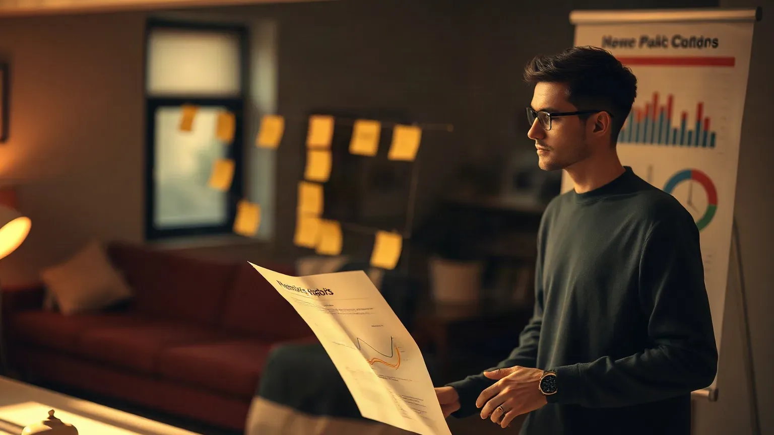 A person wearing glasses and a dark jumper stands holding a printed document with charts, beside a presentation board, in a warmly lit room with sticky notes on a glass partition