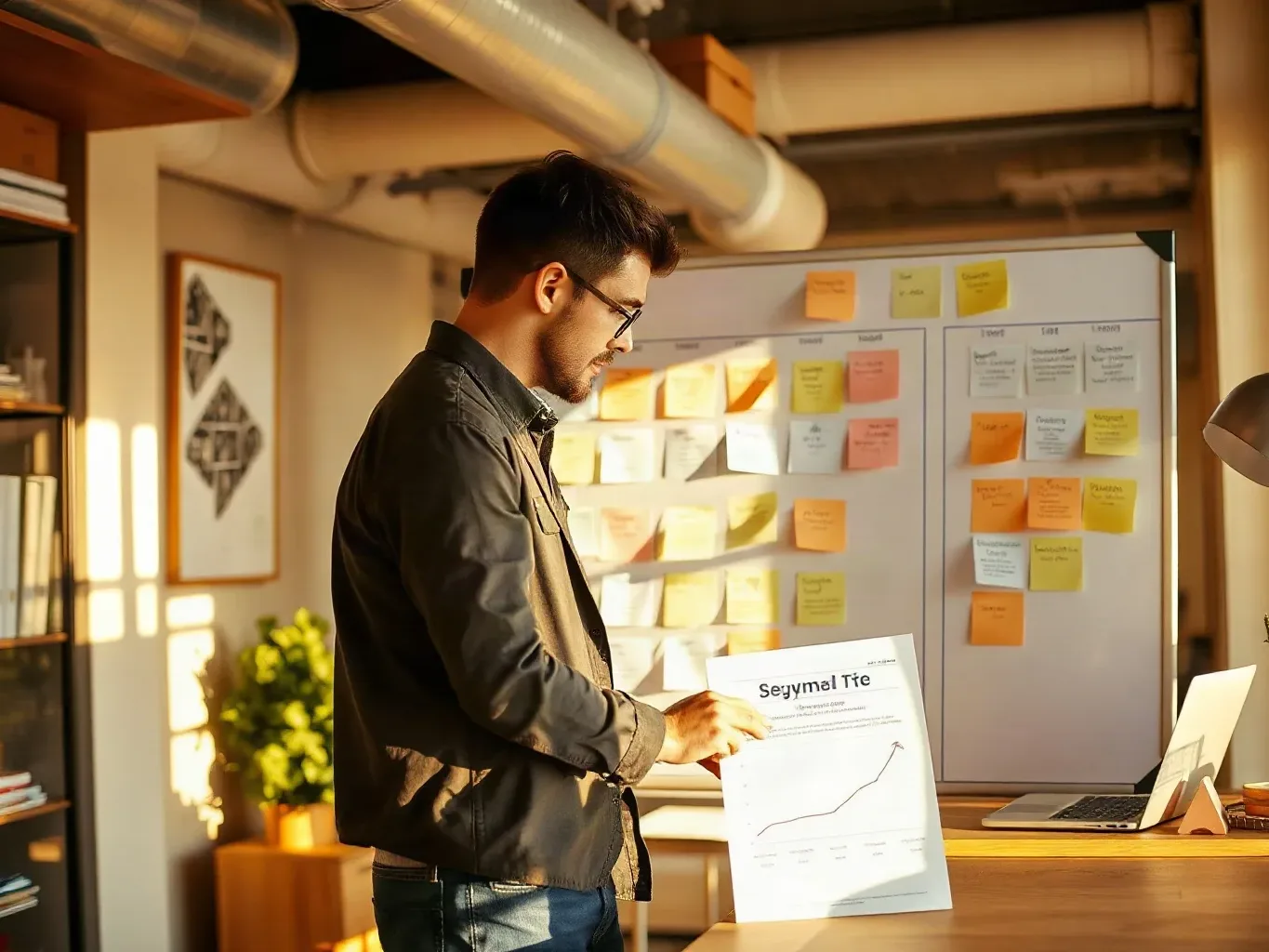 A marketing professional standing at the planning board in a commercial office interior and labelling individual sticky-note keyword clusters with schema-type names, a printed analytics report showing click-through-rate uplift resting on the organised shelving