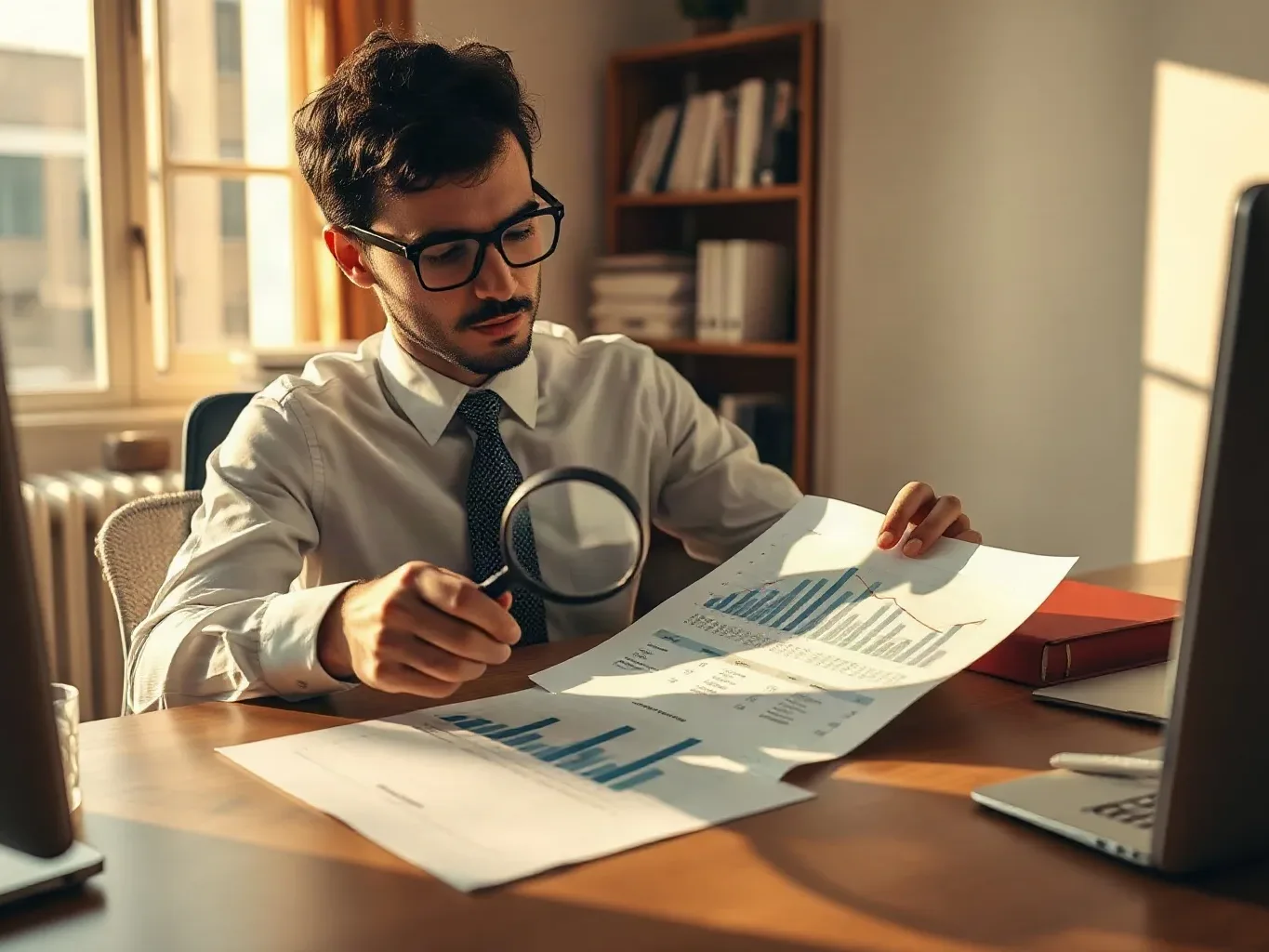A person in a white shirt and tie examines printed charts and graphs with a magnifying glass whilst seated at a desk between two monitors