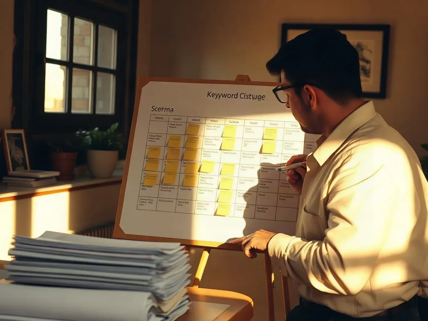 A person wearing glasses and a white shirt studies a grid chart covered with yellow sticky notes on a board on an easel, in a warmly lit room