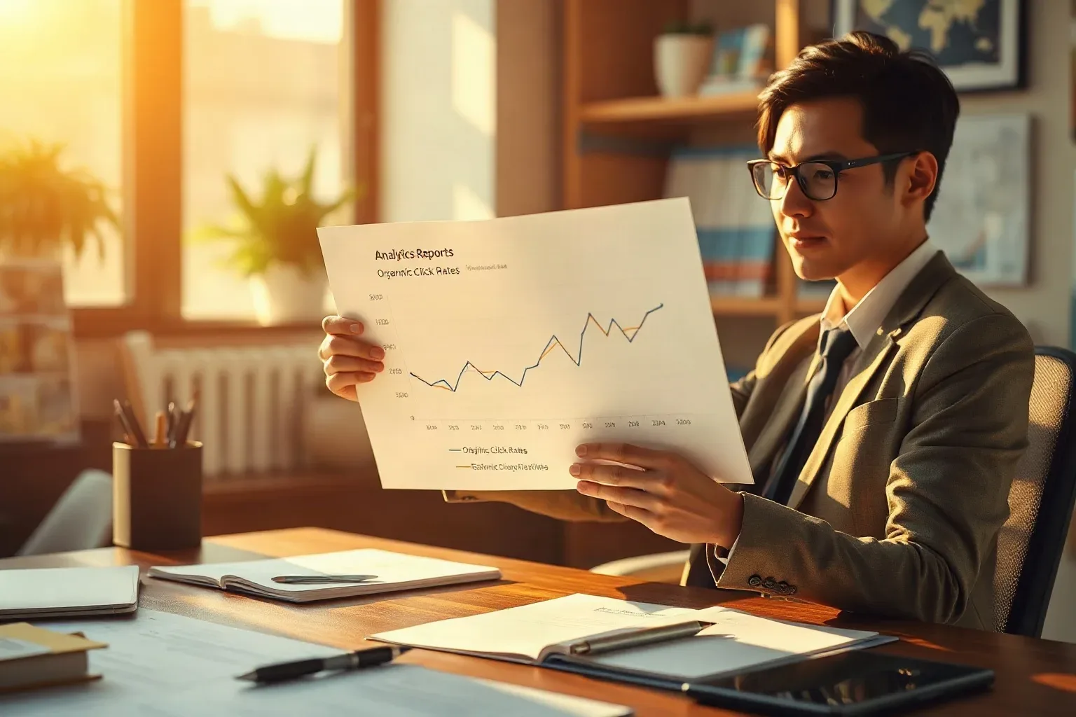 A person in a suit and glasses sits at a desk holding up a printed chart and reviewing it in a warmly lit office