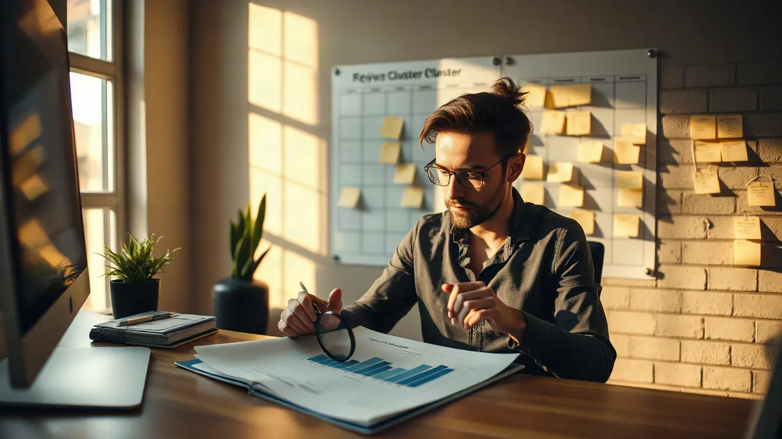 A marketing professional seated at the agency desk placing a magnifying glass over a prominence-score row on a printed analytics report, the keyword cluster planning board fully populated with labelled sticky notes visible on the wall behind