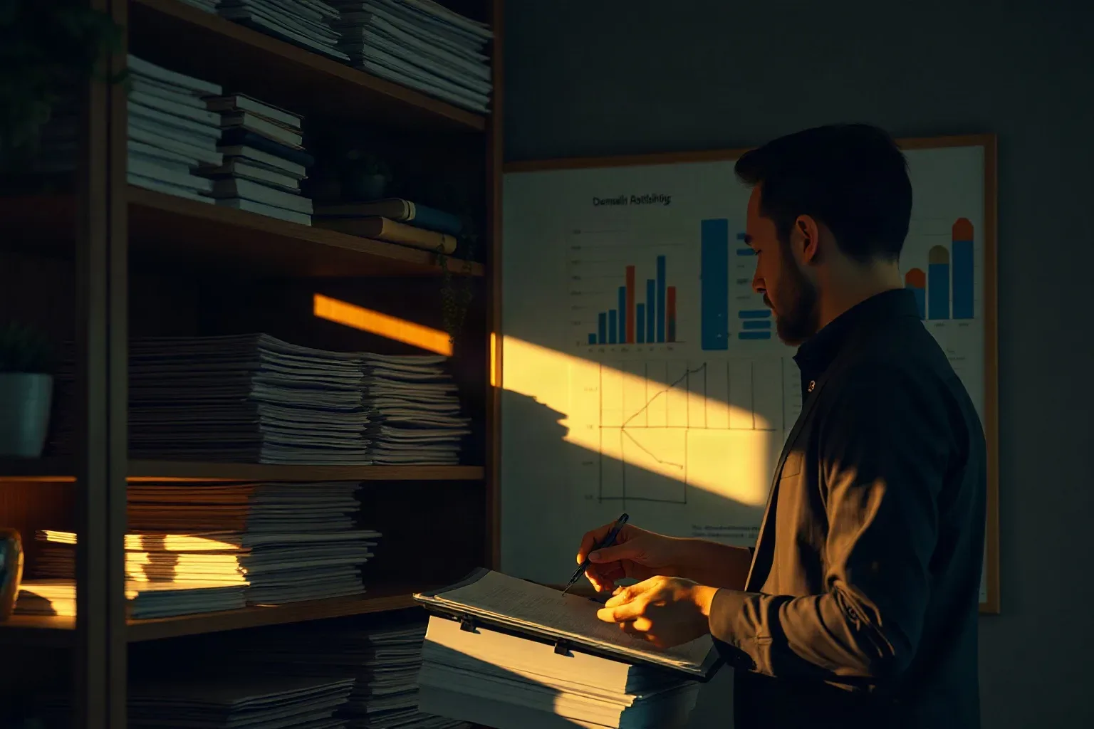 A person in a dark shirt stands in a dimly lit office, writing on a clipboard in front of shelves stacked with papers and a wall-mounted chart
