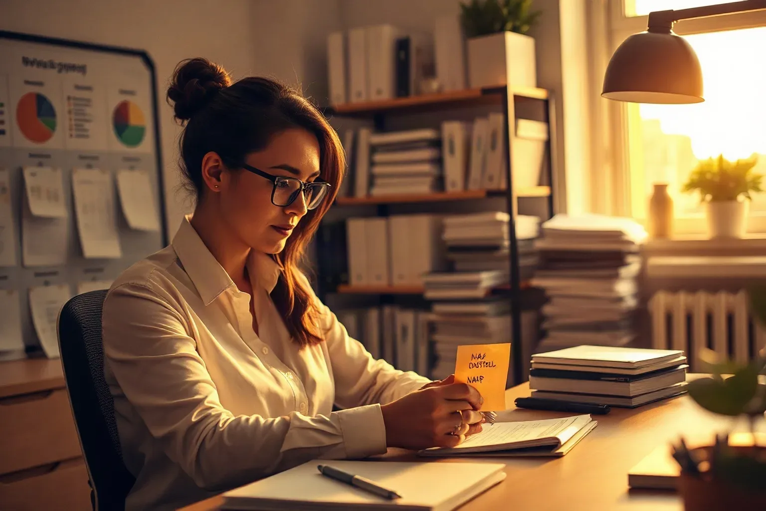 A person wearing glasses and a white shirt sits at a desk in an office, holding an orange sticky note and reviewing an open notebook, with binders and a chart-covered board visible behind them