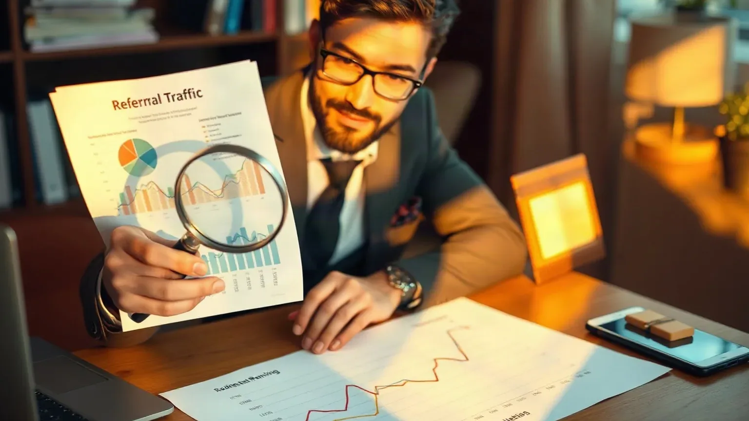 A person in a suit and glasses holds a magnifying glass over a printed analytics report covered in charts, while seated at a warmly lit desk with further graph documents spread out in front of them
