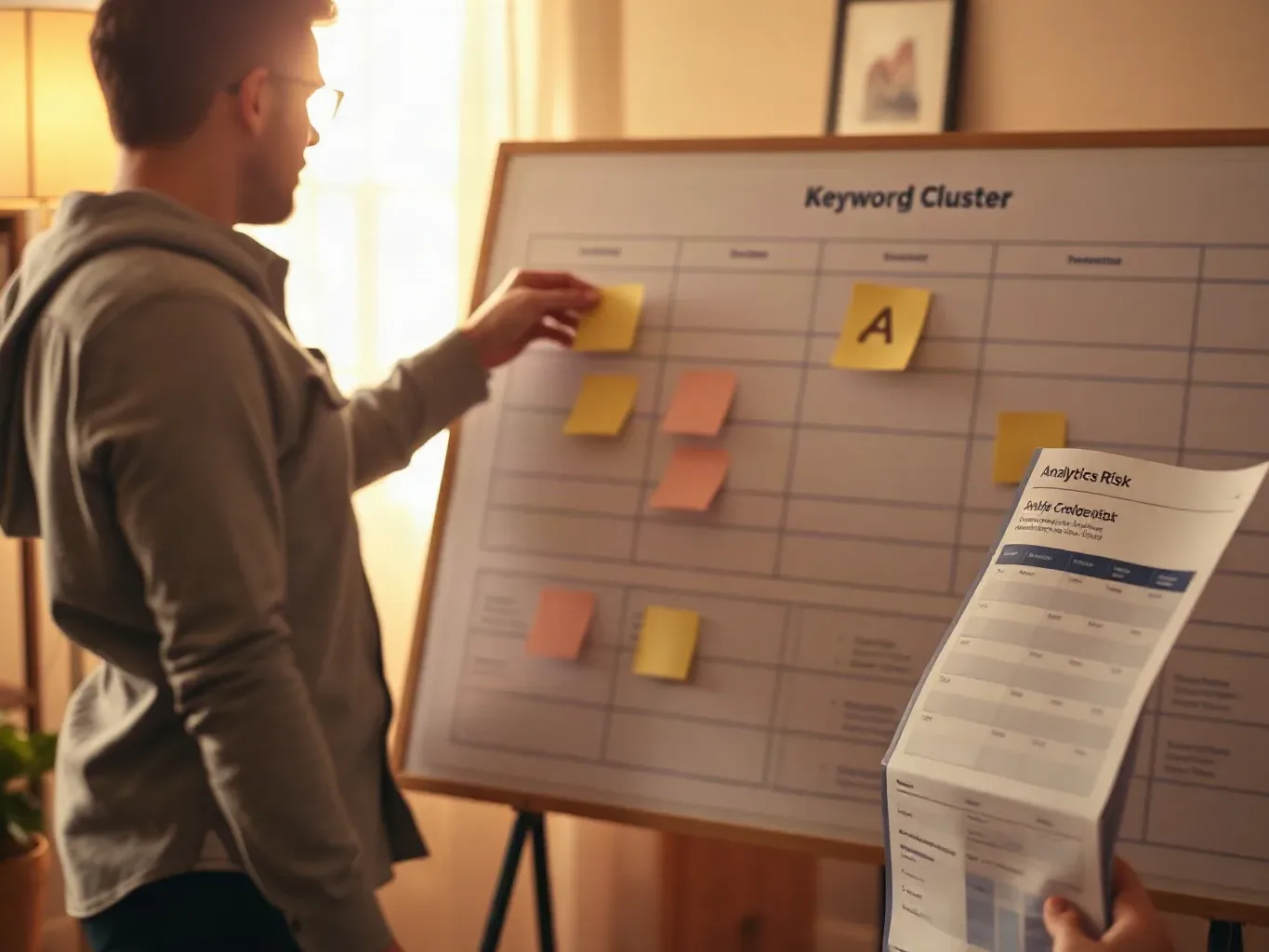 A person places sticky notes onto a large keyword cluster planning board while holding a printed document in a warmly lit room