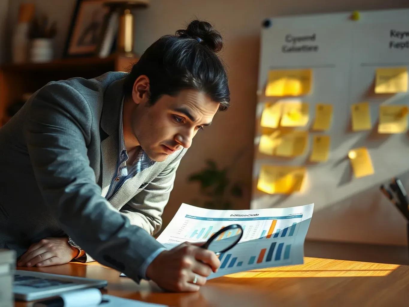 A marketing professional in business attire leaning over the desk and pressing a magnifying glass against a citation-count table on a printed analytics report, sticky-note keyword clusters arranged in neat rows on the planning board behind them