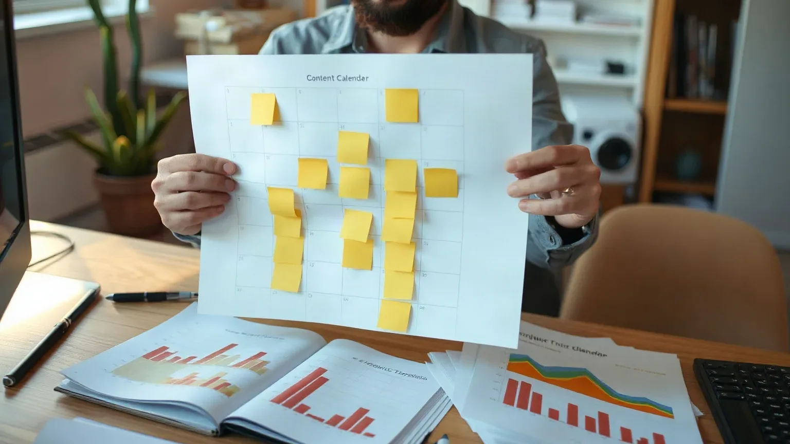 A bearded person holds up a printed calendar covered in yellow sticky notes, with charts and graphs spread across the desk in front of them
