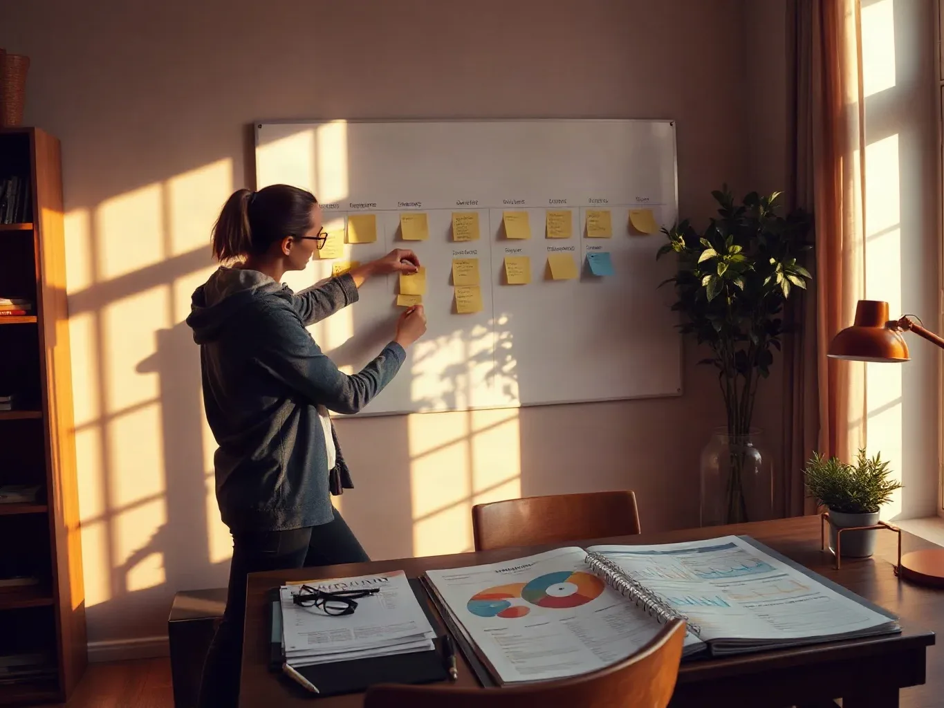 A person wearing glasses arranges sticky notes on a whiteboard in a warmly lit room, with open notebooks and charts spread across a desk nearby