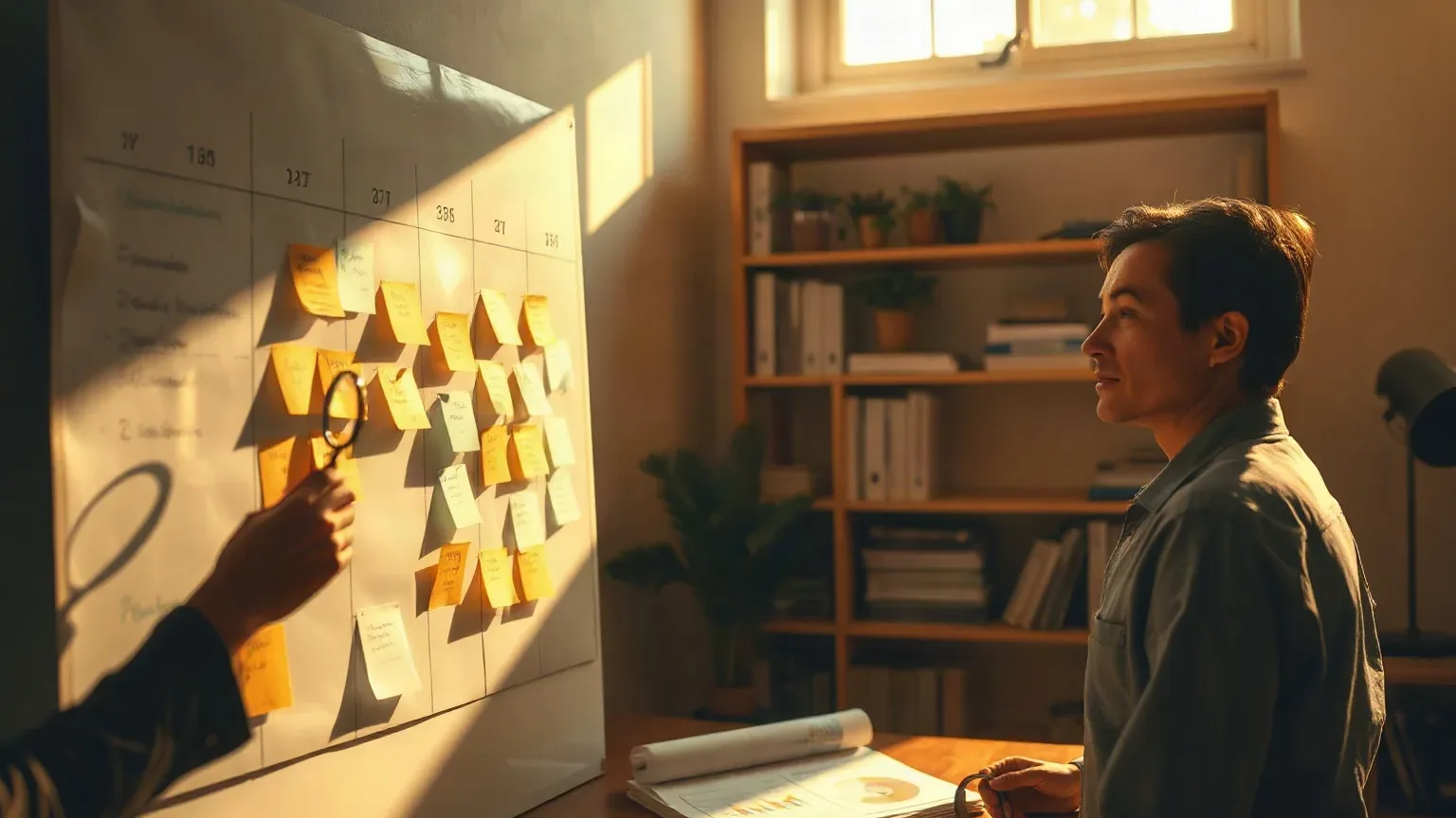 A marketing professional standing at the planning board and repositioning a column of sticky-note keyword clusters into a numbered sequence, a magnifying glass resting on the printed analytics report on the shelf beside them