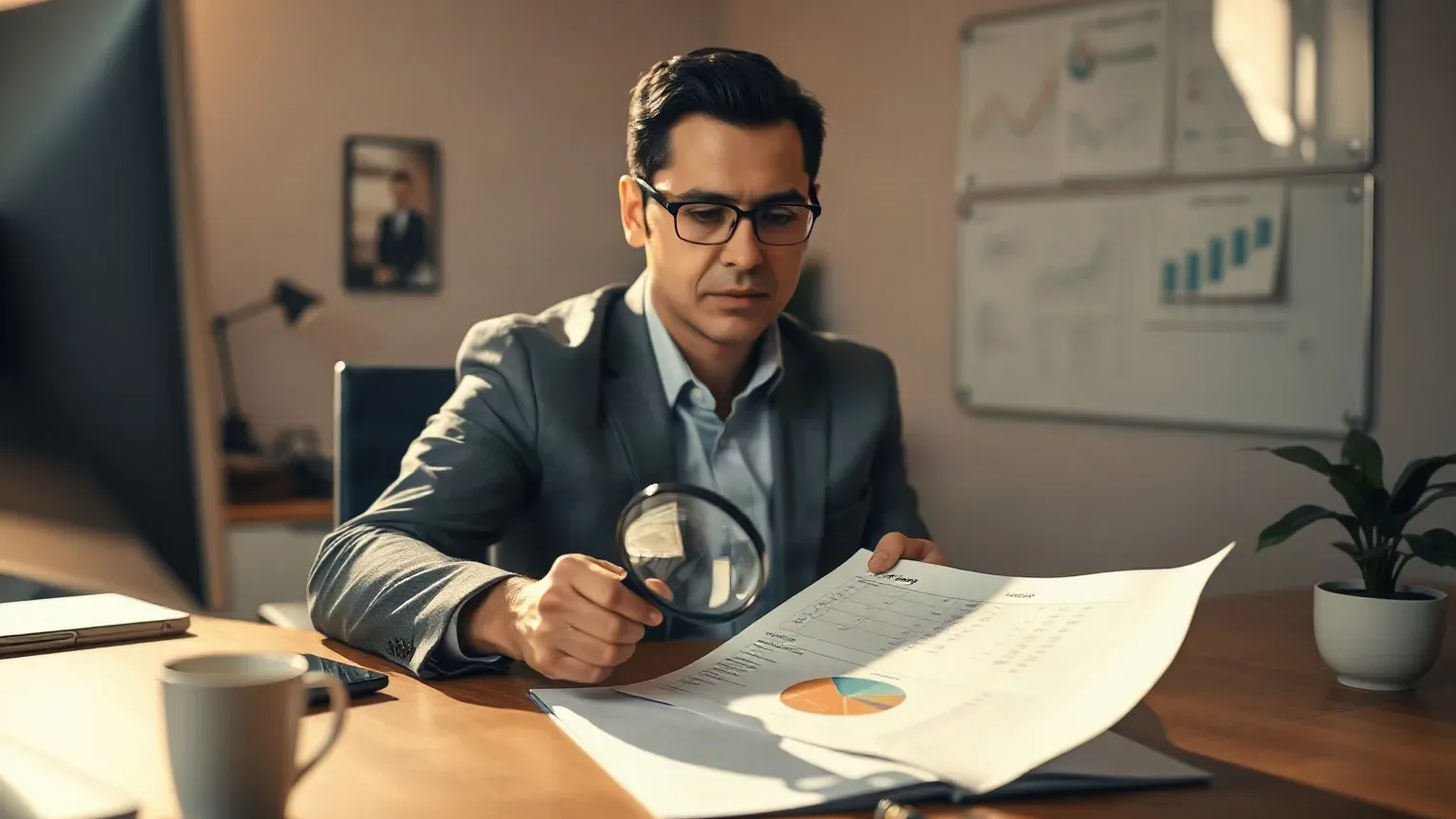 A marketing professional in business attire at the agency desk turning a printed analytics report face-up on the desk and placing a magnifying glass over a trust-metric section, the keyword cluster planning board occupying the wall behind
