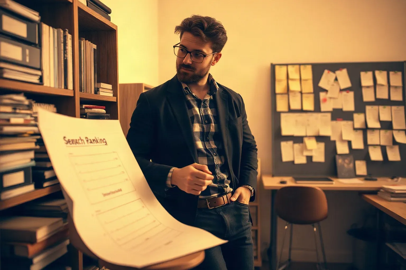 A person in glasses and a blazer holds a large printed document in a cluttered office with bookshelves and a cork board covered in sticky notes