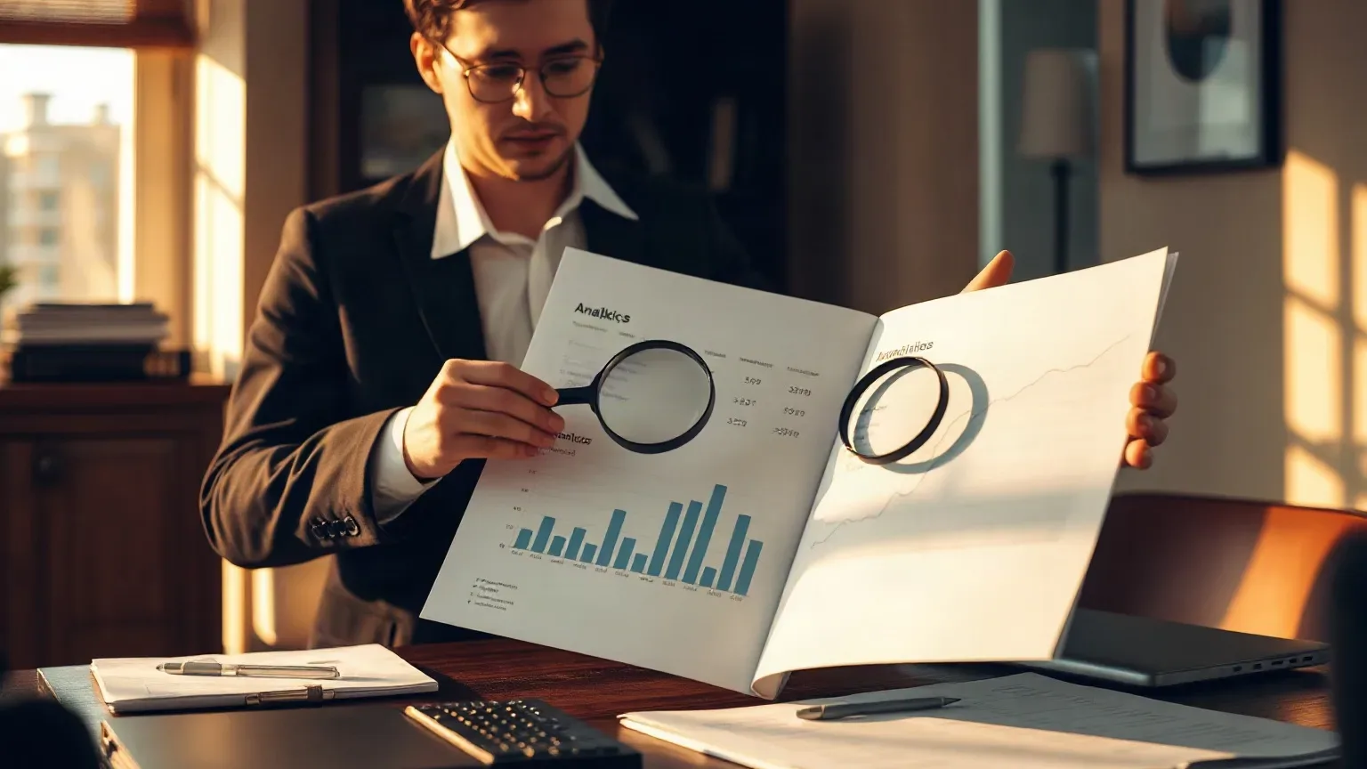A person in a suit and glasses holds open a large printed report showing bar charts, examining it with a magnifying glass over a desk